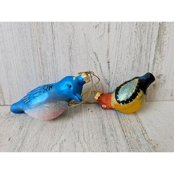 Glass bluebird ornament quail Xmas tree set lot unique - Picture 1 of 15